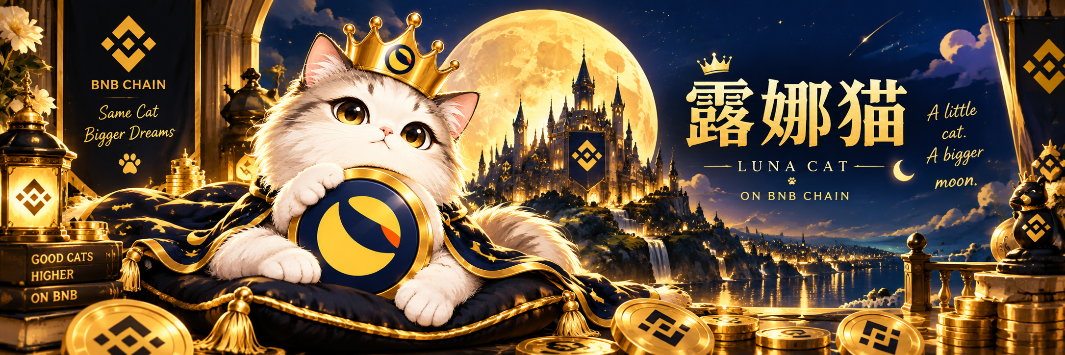 Luna lounging on a gold-trimmed royal cushion before a golden moon and dark kingdom, with 露娜猫 on BNB Chain