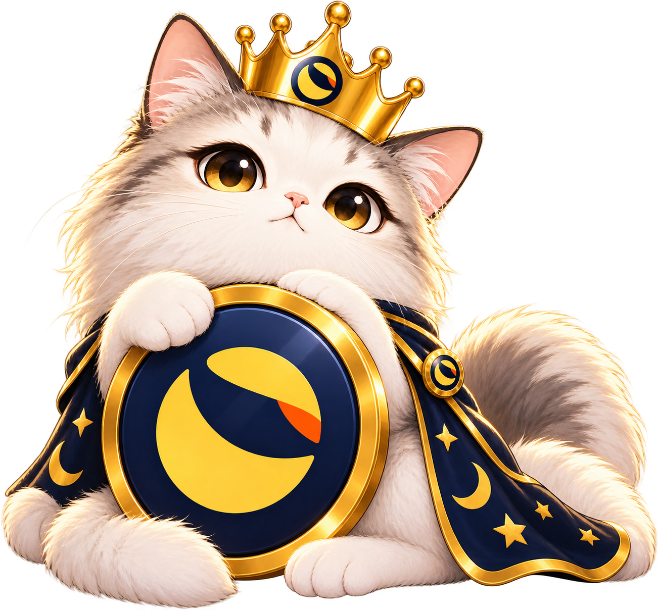 Luna, a fluffy cream cat with amber eyes, a gold BNB crown, and a black royal cape